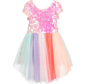 Robe Tutu froncée à paillettes Iridescent, corsage, taille haute, rayures colorées, Voile de coton, pour enfants - Product Image 2