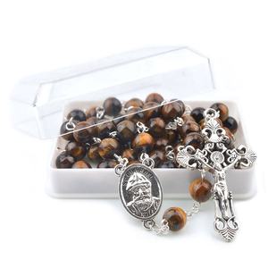 호랑이 눈 8mm 비즈 세인트 Charbel 종교 천연 돌 크로스 목걸이 가톨릭 버진 메리 스테인레스 스틸 묵주 상자 - Product Image 6