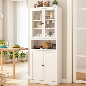 Armario <span class=keywords><strong>de</strong></span> <span class=keywords><strong>Cocina</strong></span> Moderno <span class=keywords><strong>de</strong></span> Madera Blanca <span class=keywords><strong>de</strong></span> 72 Pulgadas <span class=keywords><strong>de</strong></span> Alto, Armario <span class=keywords><strong>de</strong></span> Almacenamiento Independiente con Puertas <span class=keywords><strong>de</strong></span> Vidrio para Comedor - Product Image 4