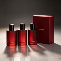 Vente en gros de flacons de parfum carrés transparents en verre rouge foncé mat avec bouchon pulvérisateur noir, boîte cadeau de luxe personnalisée imprimée bordeaux