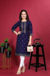 Vente en gros de kurtis en tissu magique avec impression en feuille, robes décontractées, kurti pantalon avec dupatta pour femmes - Product Image 5