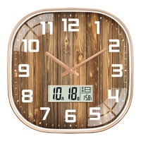 Jam Dinding Motif Kayu 12 Inci Dekorasi Rumah Ruang Tamu Jam Sederhana Kreatif Tanpa Suara Dengan Layar LCD Penunjuk Suhu dan Kelembapan CE