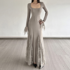 French elegant lace inset spliced square neck flared sleeve <b>dress</b> socialite temperament fashion slim gentle long <b>dress</b> - Product Image 3