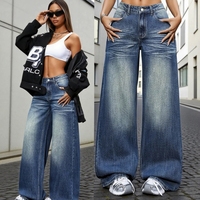 Jeans en denim bleu rétro nostalgique, coupe droite, jambe large, taille basse, style décontracté, saison printemps-automne, élément de mode simple