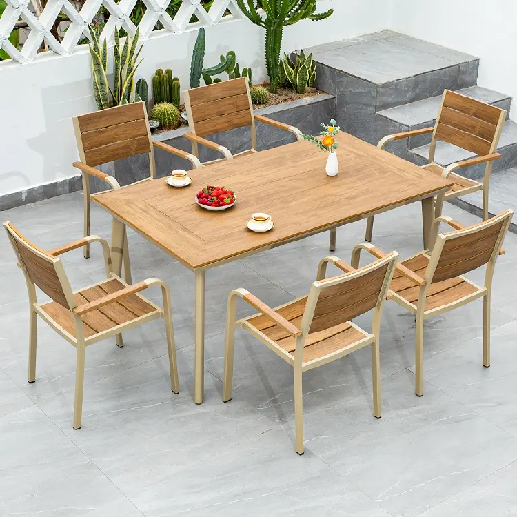 Juego de muebles de jardín de madera de lujo para exteriores, juego de mesa y silla de comedor de patio de 6 plazas rectangular de madera de teca duradera resistente al agua