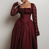 Robes mi-longues pour femmes, col carré, dentelle, manches longues, taille cintrée, couleur unie, tendance