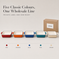 Plaque de cuisson rectangulaire en fonte émaillée Joho 33 x 23 cm, intérieur émaillé crème, cinq couleurs, ensemble de plaques de cuisson, fournisseur en gros OEM ODM