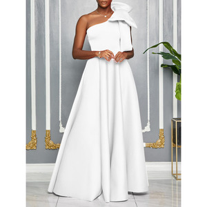 Abito da festa da donna taglie forti, nuovo modello alla <span class=keywords><strong>moda</strong></span> con spalla asimmetrica e fiocco, vestito ampio a balze - Product Image 1