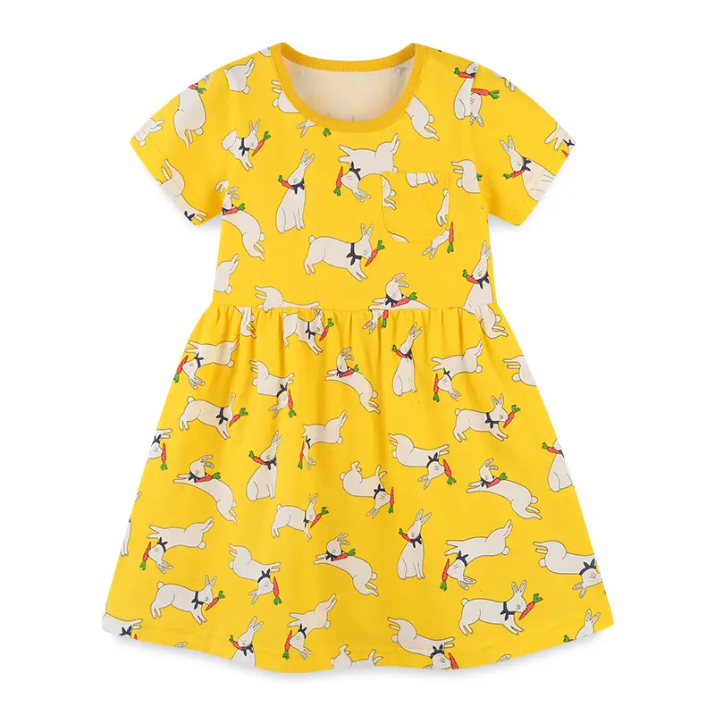 2023 Cartoon Yellow Rabbit Print Boutique abbigliamento in cotone all'ingrosso stampa estiva maniche corte abbigliamento per ragazze per bambini