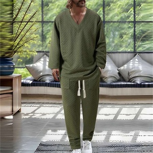 Conjunto Deportivo de Dos Piezas con Cuello en V y Jacquard para <span class=keywords><strong>Hombre</strong></span>, Cómodo, de Color Sólido, Informal, de Manga Larga y Pantalones Largos - Product Image 4