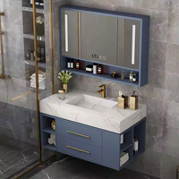 Kabinet Kamar Mandi Modern Melamin 2024, 2 Laci, Lebar 40 Inci, 1 Wastafel Porselen, Cermin LED Touch Illuminated, Terpasang di Dinding