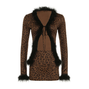 New Splicing <b>Tie</b> Cardigan Long Sleeve Top Leopard Print Half-body Skirt Women's 2 Piece <b>Set</b> Fashion - Product Image 4