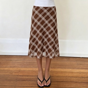 Falda Midi Vintage con Estampado a Cuadros, Cintura Natural, Malla Fruncida, Suave, Transpirable y Cómoda para Mujer, Estilo Estudiantil de Verano - Product Image 5
