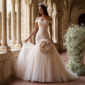 Rsm261040 Elegante Vestido de Novia Sirena con Escote Corazón, Espalda con Cordones, Fruncido y Flores 3D Jancemebr - Product Image 1