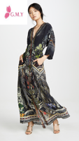 GIMILY oem robes personnalisées femmes dame élégante Ladies Print Front Crystal Embellishment dress Kimona Sleeves V Neck Maxi Dress