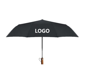Parapluie d'affaires pliable automatique à 10 baleines en tissu haute densité avec bande réfléchissante, poignée en bois dépoli simple et logo imprimable - Product Image 1