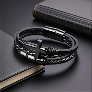 Cross <b>Leather</b> <b>Bracelet</b> Men's Black Braided Genuine <b>Leather</b> With Cross Pendant Everyday Wear Jewelry YM-0016 - Product Image 2
