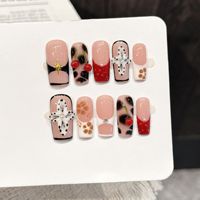 Faux ongles en acrylique à presser, forme cercueil, avec motifs 3D fleur, cerise, imprimé léopard, empreinte de patte et breloques – Options de logo personnalisables pour salons de beauté