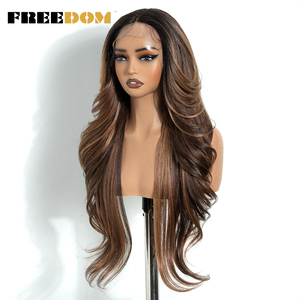 FREEDOM Perruques Lace Front Longues Ondulées en Fibre Haute Température pour Femmes, 28 Pouces, <span class=keywords><strong>avec</strong></span> <span class=keywords><strong>Frange</strong></span> et Raie au Milieu, pour Cosplay, Couleurs Brun et Blond - Product Image 4