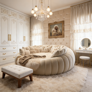 Juego <span class=keywords><strong>de</strong></span> <span class=keywords><strong>Cama</strong></span> Moderno con Tapicería Crema, Tamaño King, para Dormitorio, Hotel, Estilo Ligero <span class=keywords><strong>de</strong></span> Lujo, Popular, Colección <span class=keywords><strong>de</strong></span> Muebles <span class=keywords><strong>de</strong></span> <span class=keywords><strong>Cama</strong></span> Doble Redonda - Product Image 3