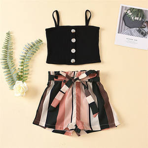 Prix de vente, étiquette personnalisée, vêtements pour enfants de haute qualité, manches courtes + shorts, ensembles rayés pour bébés filles, ensembles de vêtements pour enfants - Product Image 3
