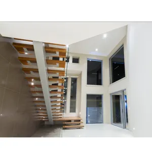 현대 목재 계단 디자인 실내 직선 유리 난간 LED 계단 단단한 나무 밟기 부동 강철 나무 계단