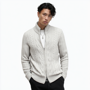 Winter-Creme-Cardigan mit Zopfmuster und Reißverschluss für Herren, O-Ausschnitt Wollpullover, Klassische Warme Strickjacke - Product Image 1