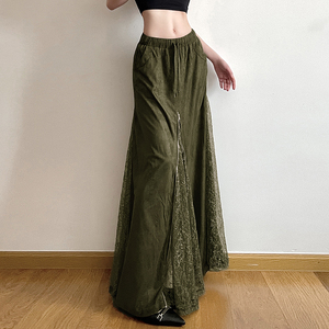 Vintage Forest <b>Green</b> Lace Patchwork A Line <b>Long</b> <b>Skirt</b> Women Retro Boho Small Brand Zip Design Flowing <b>Skirt</b> - Product Image 3
