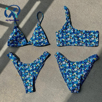 Fabricant de maillots de bain sur mesure, ensemble de bikini bleu floral pour femmes, maillots de bain imprimés, vêtements de plage