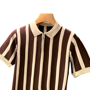 Populaire décontracté pull ample à manches courtes tricot hommes t-shirt été col rond rayé vertical tricot hommes Polo - Product Image 6