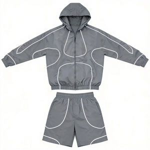 OEM Manufacturer Custom Men's Nylon Windbreaker Shorts <b>Set</b> Reflective Zip-up Jacket Windbreaker Tracksuit Sportwear - Product Image 1