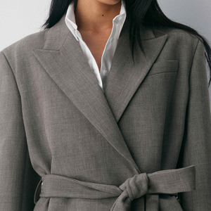 Blazer Elegante de Lana Gris Sólido Transpirable con Cinturón Ajustable y Corte Corto para Mujer, Ideal para Oficina - Nueva Colección 2025 - Product Image 5
