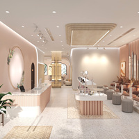 Décoration de salon de beauté de luxe, étagère personnalisée pour magasin de produits de beauté, présentoir de cosmétiques, miroir, bar à parfums, chaise de salon de beauté