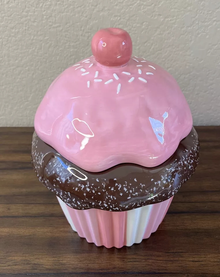 Lovely Ceramic Cupcake Cookie Jar - Hand Painted & Durable
