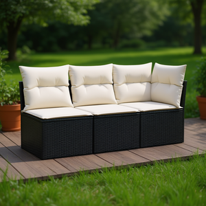 Black <b>Rattan</b> Garden <b>Sofa</b> Set With Cream Cushions Outdoor Furniture Waterproof Contemporary Design - Product Image 2