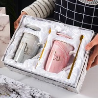 Tasses en céramique écologiques à motif imprimé effet marbre, ensemble cadeau transfrontalier pour couples, avec couvercle et cuillère créatifs