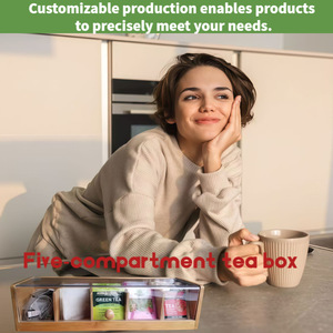 Caja de té de bambú con cinco compartimentos y tapa para almacenamiento de bolsitas de té y café, organizador de escritorio, uso en despensa de oficina - Product Image 3