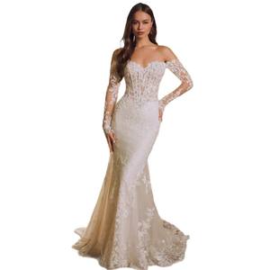 Abito da Sposa Principessa a Sirena con Spalle Scoperte, Applicazioni in Pizzo, Scollatura a Cuore e Maniche Lunghe - Product Image 5