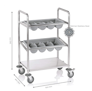 Stainless Steel Cutlery <b>Serving</b> <b>Trolley</b> with 2 Cutlery Inserts & Bumper Guard, Wheeled Mobile Cutlery Storage Cart for kitchen - Product Image 1