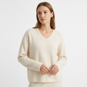 Pull en viscose mélangée à col en V pour femme, à manches longues, uni, pour l'hiver - Product Image 1