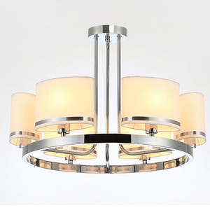 Lampadario Moderno 2026 in Metallo Cromato e <span class=keywords><strong>Paralume</strong></span> <span class=keywords><strong>Beige</strong></span>, 8 Luci o 6 Luci, Adatto per Soggiorno - Product Image 1