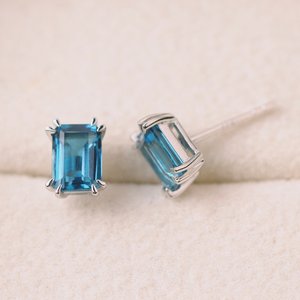 Delicate London blue topaz <b>stud</b> <b>earrings</b>, emerald cut 1.25 carats, blue stone <b>earrings</b>, <b>sterling</b> <b>silver</b>, November birthstone - Product Image 3