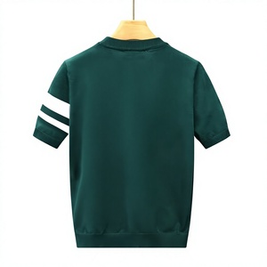 T-shirt décontracté pour homme, vert, à manches courtes, col rond, tricoté, avec bordure contrastante rayée, coupe classique, séchage rapide et écologique - Product Image 4