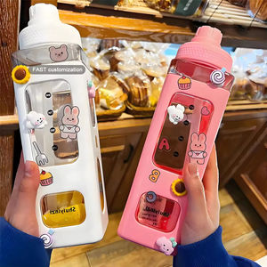 Gobelet carré en plastique sans BPA, personnalisable rapidement, écologique, avec paille intégrée, autocollant ours 3D mignon, portable - Product Image 2