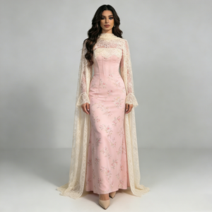 <span class=keywords><strong>Vestidos</strong></span> Elegantes <span class=keywords><strong>de</strong></span> Moda para Mujer en <span class=keywords><strong>Rosa</strong></span> Claro con Bordado Floral, Capa <span class=keywords><strong>de</strong></span> Encaje, Cuello Alto, Manga Larga con Campana, Cola <span class=keywords><strong>de</strong></span> Sirena - Product Image 1
