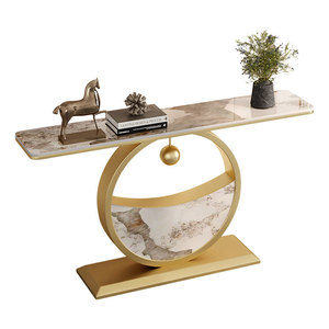 Mesa <span class=keywords><strong>Consola</strong></span> de Entrada de Metal con Losa de Roca de Lujo Ligero, Mesa Auxiliar Decorativa Semicircular Ultra Estrecha Montada en la Pared para Hotel - Product Image 6