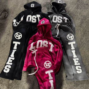 Custom Men's Distressed Embroidery Patch Embroidery Fashion Street 100% Cotton Loose Soft Acid Wash <strong>Tracksuits</strong> - Product Image 1