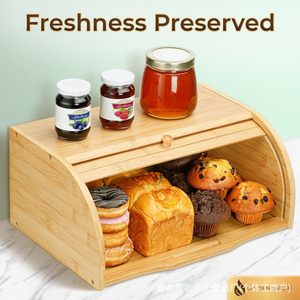 Boîte à pain en bambou, couvercle rabattable en bois massif, rangement de cuisine pour pain, gâteaux, muffins, beignets - Product Image 2