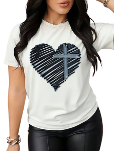 T-Shirt da Donna a Maniche Corte con Collo Tondo e Motivo a Cuore Incrociato, Top Casual per San Valentino, Traspirante e Leggero in Jersey di Cotone - Product Image 1