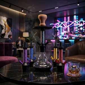 Moderno Set de Hookah de Cristal con Base de Madera, Vástago de Metal Negro y Kit de Tubos Multicolor para Salón y Uso Doméstico - Product Image 4